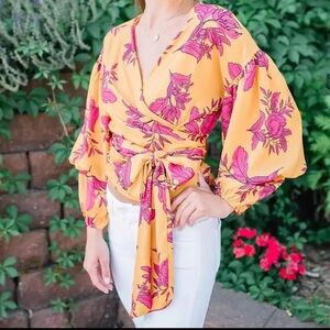 Jealous Tomato Floral Chiffon Wrap Blouse Mustard Fuchsia Women’s Size M